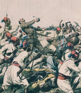 Etiopisk angreb på Lugh garnison og drab på kaptajn Bongiovanni, af Achille Beltrame, illustration, Achille Beltrame (1871-1945), fra La Domenica del Corriere af Achille Beltrame