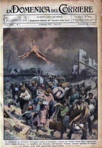Udvandring af befolkningen i El Salvador efter jordskælvet og udbrud af vulkanen Santa Rita. Illustration af Achille Beltrame i "" La domenica del corriere"" 03/01/1937. af Achille Beltrame