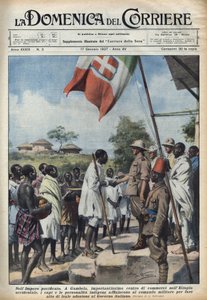 Fascisme 1937: Møder i Gambela, handelscentret i Det Etiopiske Imperium, for indfødte høvdinge og personligheder for at foretage en handling om tiltrædelse af den italienske regering. Illustration af Achille Beltrame i "" La domenica del corriere"" 17/01/1 af Achille Beltrame