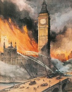 Brand ved Westminster Palace, London, efter tysk bombning, illustration fra 