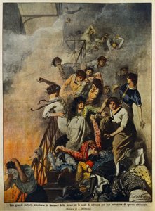 Brand i stor amerikansk tekstilfabrik: arbejdere på trappeopgang, illustration af Achille Beltrame (1871-1945), fra La Domenica del Corriere, 10. august af Achille Beltrame