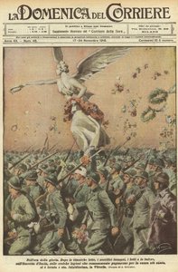 Første Verdenskrig 1918 - Italien i krigen. Sejrsdag. I herlighedens time. Efter en titanisk kamp, de enorme ofre, dødsfaldene, stormene, har den italienske hær, de heroiske romerske legioner, der kæmpede for det allerhelligstes sag, løftet offeret af Achille Beltrame