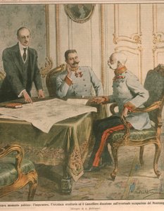 Franz Joseph I, kejser af Østrig, diskuterer besættelsen af Montenegro, forsideillustration fra 