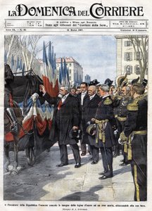 Den franske præsident Armand Fallieres (1841 - 1931) overrækker Æreslegionens medalje til en helt, der døde i kamp. Ill. de Beltrame. La Domenica del Corriere. 31/03/1907. af Achille Beltrame