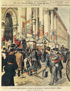 Folketingsvalg i Milano: konfrontationer mellem mennesker, der hænger politiske plakater i Milano, af Achille Beltrame (1871-1945), fra La Domenica del Corriere af Achille Beltrame