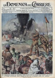 Store arabiske oprør fra 1936-1939 i Palæstina proxy: palæstinensiske araberes oprør for oprettelsen af en uafhængig stat i Palæstina mandat rettet mod den britiske myndighed. Englænderne sprængte palæstinensiske hjem i luften. Illustration af Achille Belt af Achille Beltrame