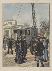 Guglielmo Marconi deltager i afprøvning af den første mobile radiotelegrafiske station i Milano af Achille Beltrame