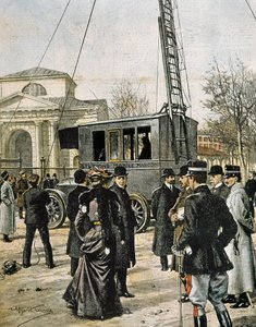 Guglielmo Marconi assisterer i Milano til testen af den første Stazione Radio Mobile. Illustration af Achille Beltrame til "Domenica del Corriere"" (1906). Gravering. af Achille Beltrame