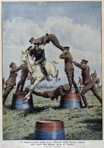 Hestespring: Engelske husarer ved London Tournament Trials - tegning af A. Beltrame, i "La Domenica del Corriere"" af Achille Beltrame