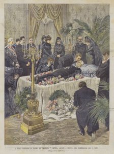 De kongelige besøger resterne af Umberto I, så snart de ankommer til Monza, om eftermiddagen den 1. Korr. af Achille Beltrame