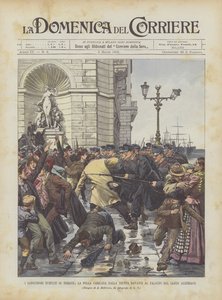 De blodige optøjer i Trieste, folkemængden læsset af troppen foran det østrigske Lloyd Palace