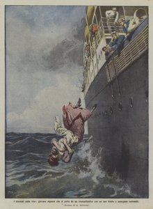 Livets dramaer, en ung kvinde hopper ud fra et skib med sit barn, og de drukner begge af Achille Beltrame