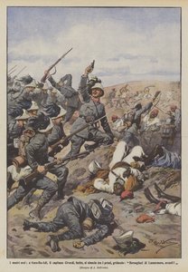 Vores helte, i Kars-Bu-Adi, kaptajn Civardi, såret, skynder sig blandt de første og råber? af Achille Beltrame