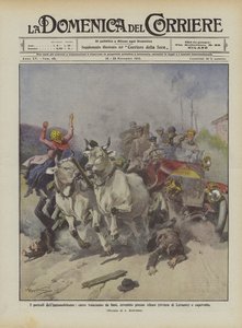 Farerne ved bilkørsel, vogn trukket af okser, kørt over ved Altare (Riviera di Levante) og væltet omkuld
