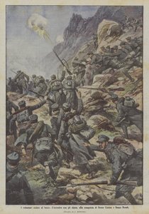 Frivillige cyklister ved bålet, mødes med alpine tropper, erobre Dosso Casina og Dosso Remit af Achille Beltrame
