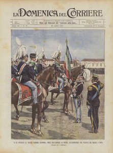 Kongen leverer det gamle glorværdige flag, fjernet fra våbenhuset i Torino, til artilleriet i? af Achille Beltrame