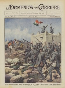 Oberst Maddalena vifter med sit flag over Sidi Aziz-marabuten, og til råbet Savoia! af Achille Beltrame