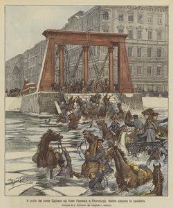 Sammenstyrtningen af den egyptiske bro over Fontanka-floden i Sankt Petersborg, da kavaleriet passerede forbi. af Achille Beltrame
