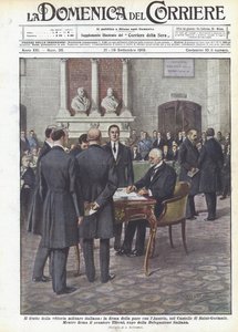 Frugten af ​​den italienske militærsejr, underskrivelsen af ​​fred med Østrig, i slottet Saint-Germain af Achille Beltrame