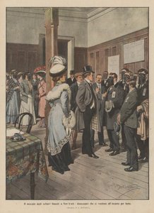 Det hvide slavemarked i New York, arbejdsløse som sælger sig selv på auktion for sult (farve litho) af Achille Beltrame