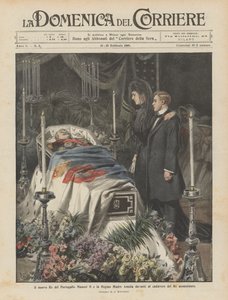 Portugals nye kong Manuel II og dronningemoder Amelia foran den myrdede konges lig af Achille Beltrame