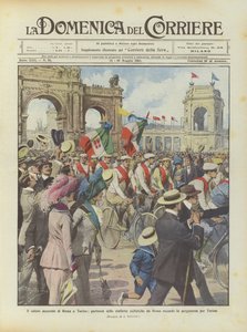 Hilsen fra Rom til Torino, afgang af cykelstafetterne fra Rom med pergamentet til Torino af Achille Beltrame