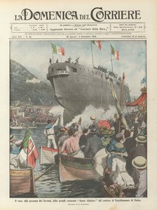 I overværelse af suverænerne søsættes det store slagskib Dante Alighieri fra skibsværftet i Castellammare di Stabia