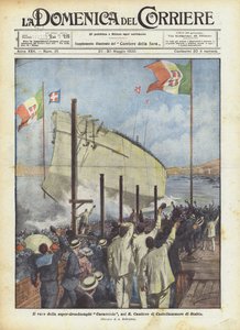 Lanceringen af ​​den super-dreadnought Caracciolo, i R Cantiere di Castellammare di Stabia af Achille Beltrame
