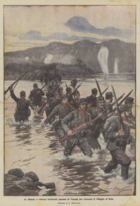 I Albanien passerer de territoriale modige Vojussa for at angribe landsbyen Kuta af Achille Beltrame