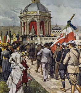 Indvielse af IV-skydekonkurrence ved Farnesina polygon, Rom, Italien, illustration af Achille Beltrame fra La Domenica del Corriere, 25. maj af Achille Beltrame
