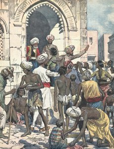 Indien. Tørke forårsager epidemier. Uddeling af mad. Illustreret af Antonio Beltrame. "La domenica del Corriere"". 26. februar af Achille Beltrame