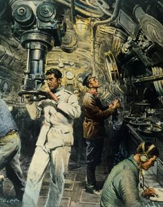 Interiør af ubåd, af Achille Beltrame (1871-1945), illustration fra La Domenica del Corriere, 28. december af Achille Beltrame