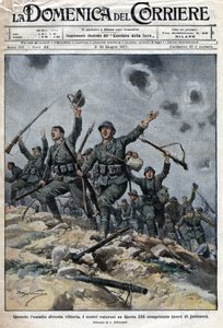 Italiensk hær sejrede over østrig-ungarske tropper på Karst-bjergene i Slovenien. Italienerne rykkede således frem mod Trieste. Ill. de Beltrame. La Domenica del Corriere. 06/1917. af Achille Beltrame