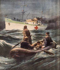 Italiensk hospitalsskib, der redder fire tyske flyvere, der blev skudt ned, af Achille Beltrame (1871-1945), illustration fra La Domenica del Corriere, 23. februar af Achille Beltrame
