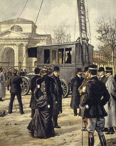 Den italienske fysiker Guglielmo Marconi deltager i eksperimenter med den første mobilradiostation i Milano den 30. december af Achille Beltrame