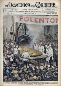 Italiensk populær festival: polenta geante (polentone) arrangeret i en by nær Asti i Veneto. Illustration af Achille Beltrame i "La Domenica del Corriere" "af 07/03/1937. af Achille Beltrame