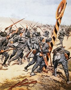 Italienske soldater krydser den østrigske grænse, af Achille Beltrame (1871-1945), illustration fra La Domenica del Corriere, juni 1915 af Achille Beltrame