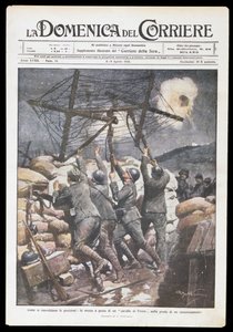 Italienske soldater sætter frisisk hest på skyttegrav, tallerken af Achille Beltrame (1871-1945) til Domenica del Corriere, 2-9 april 1916, Første Verdenskrig, Italien, 20. århundrede af Achille Beltrame