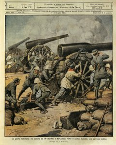 Italiensk-tyrkisk krig, batteriild fra kanon nr. 149, der dirigerer en fjendtlig karavane ved Bu-Kamek mod den tunesiske grænse, illustrator Achille Beltrame (1871-1945), fra La Domenica del Corriere, 7. juli 1912 af Achille Beltrame