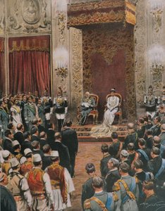 Konge af Italien, Vittorio Emanuele III af Savoyen, bliver kronet til konge af albanerne, af Achille Beltrame, illustration, illustrator Achille Beltrame (1871-1945), fra La Domenica del Corriere af Achille Beltrame