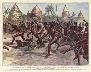 Åbenbaringen af ​​den første cykel blandt kannibaler, i en Bangwa-landsby (Afrika) af Achille Beltrame