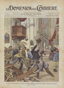 Folkemængden invaderer og ødelægger Giussano-kirken (Brianza) for at protestere mod flytningen af ​​sognepræsten af Achille Beltrame