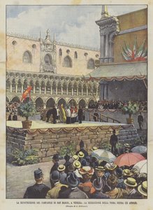 Genopbygning af Campanile di San Marco i Venedig, velsignelsen af ​​den første sten (25. april) af Achille Beltrame