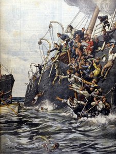 Libanon-katastrofen: passagerer kaster sig i havet efter kollisionen med et andet linjeskib ud for Marseilles kyst. Illustration af Beltrame. Domenica del corriere. 1903. af Achille Beltrame
