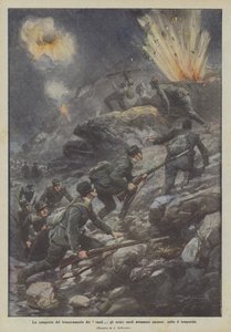 Erobringen af ​​raketternes forskansning rykker de heroiske sardiner frem på alle fire under stormen af Achille Beltrame