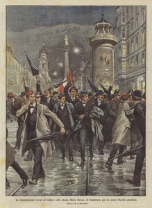 Demonstrationen mod italienerne på Maria Teresa-pladsen, Innsbruck, for det nye juridiske fakultet af Achille Beltrame