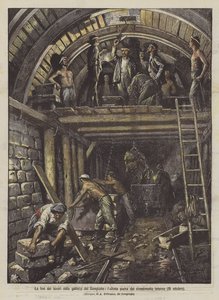 Afslutningen af arbejdet i Simplontunnelen, den sidste sten i den indre foring (18. oktober) af Achille Beltrame