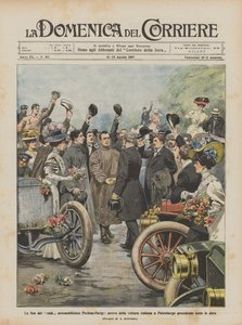 Afslutningen af motorløbet fra Peking til Paris, den italienske bils ankomst til Sankt Petersborg? af Achille Beltrame