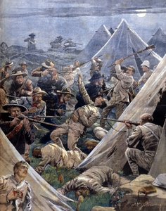 Boerkrigen eller Transvaal-krigen i Sydafrika mellem briterne og boerne: sidstnævnte angreb en engelsk lejr ved Tweenfontein. Illustration af Beltrame. La Domenica del corriere. 1902. af Achille Beltrame