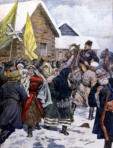 Overtro i Rusland: politiet forsøger at sprede sekten af ​​de nye kristne. Illustration af Beltrame. La Domenica del corriere. 1901. af Achille Beltrame